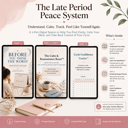 Stop spiraling every time your period is late — and start understanding your cycle, calming the fear, and tracking it with confidence. - Norayaa