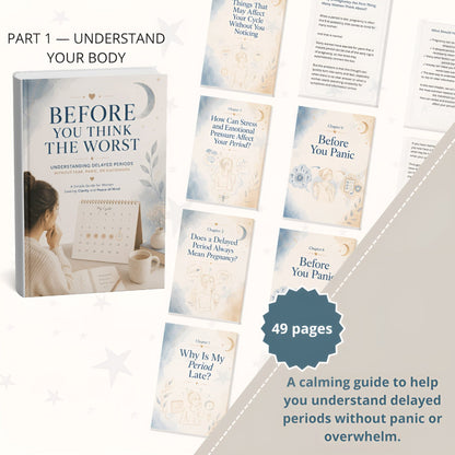 Stop spiraling every time your period is late — and start understanding your cycle, calming the fear, and tracking it with confidence. - Norayaa